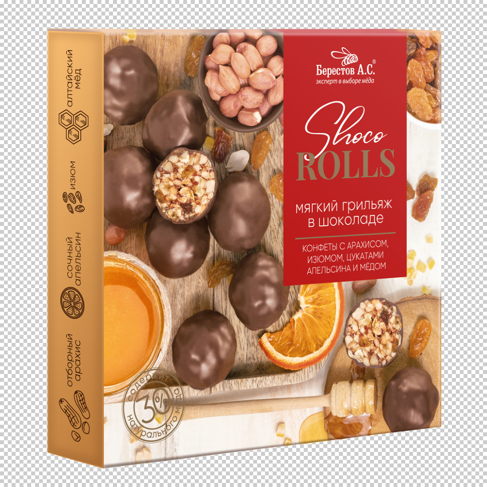  Берестов Shoco Rolls конфеты с арахисом, изюмом, цукатами апельсина и медом,  135г в Лобне